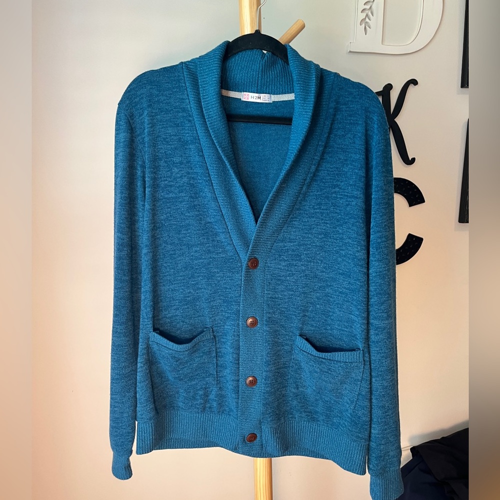H2H Men’s Shawl Neck Cardigan Heathered Teal Long Sleeve Pockets Size Large